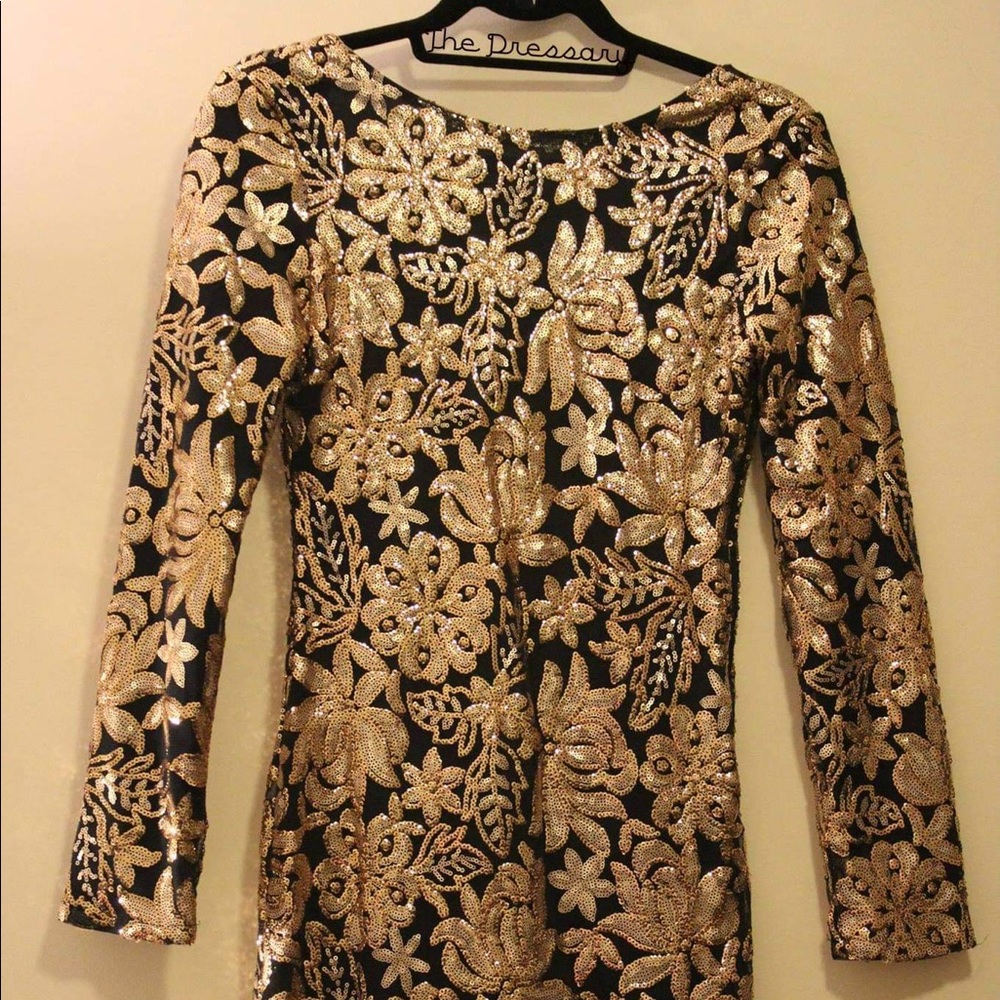 ASOS Navy & Gold Bodycon Floral Dress w/ Sleeves